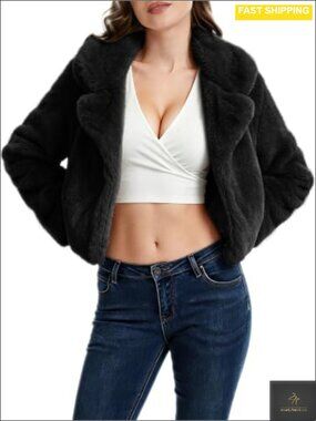 Womens Cropped Faux Fur Jacket Oversized Lapel Collar Coat